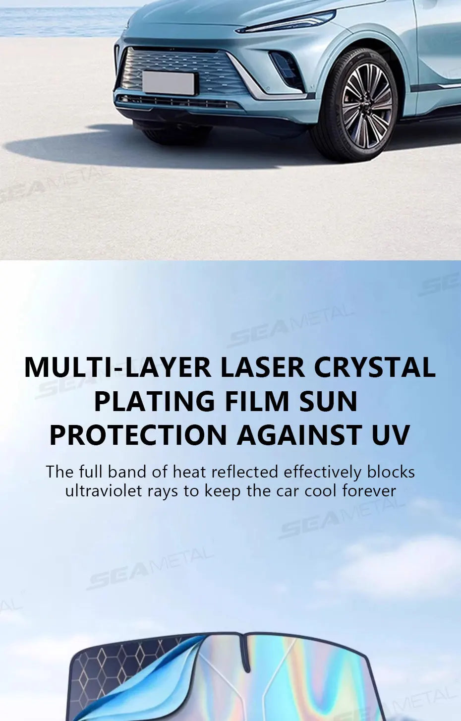 A close-up of a multi-layer laser crystal plating film protecting a car windshield.