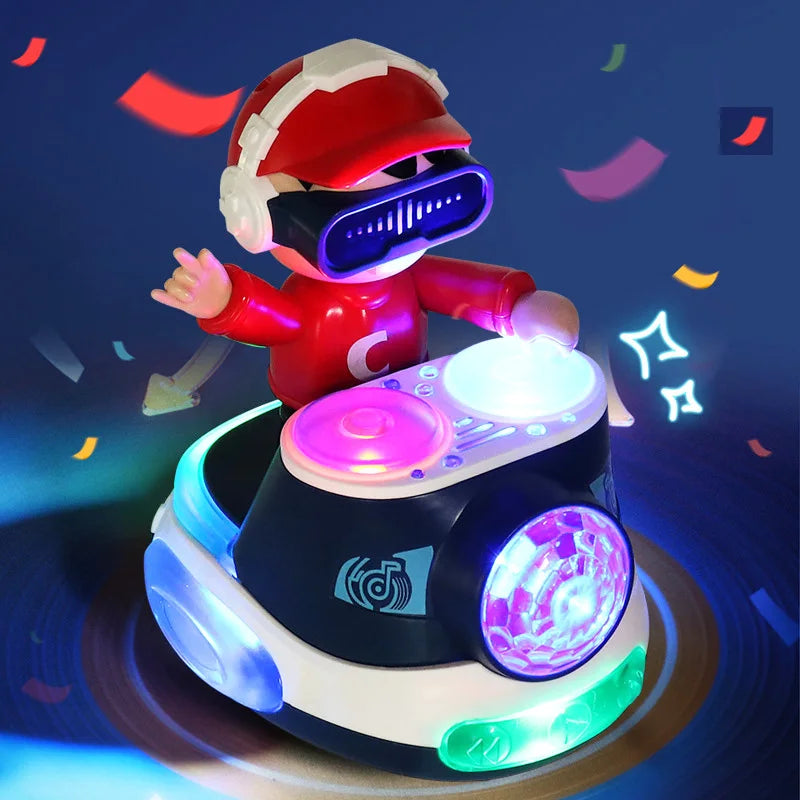 A child-like robot toy resembling a red helmet and body is shown with glowing lights on a black car base.