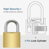 A gold-colored padlock with a silver shackle and a 4 pin lock cylinder is shown.