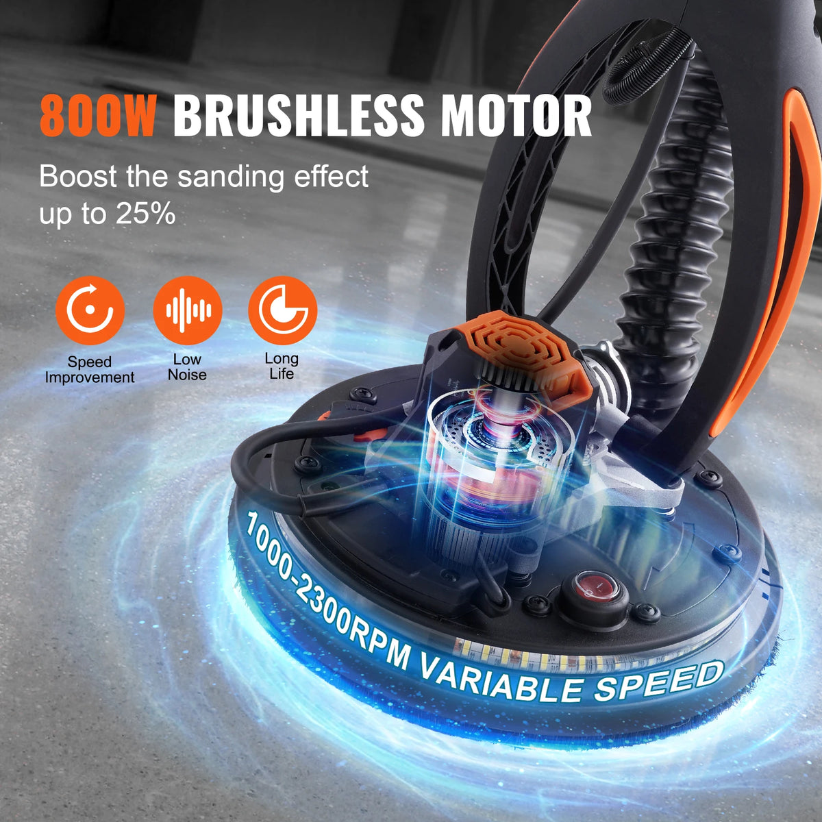 Close-up of an 800W brushless motor for a drywall sander showing variable speed and dust collection features.