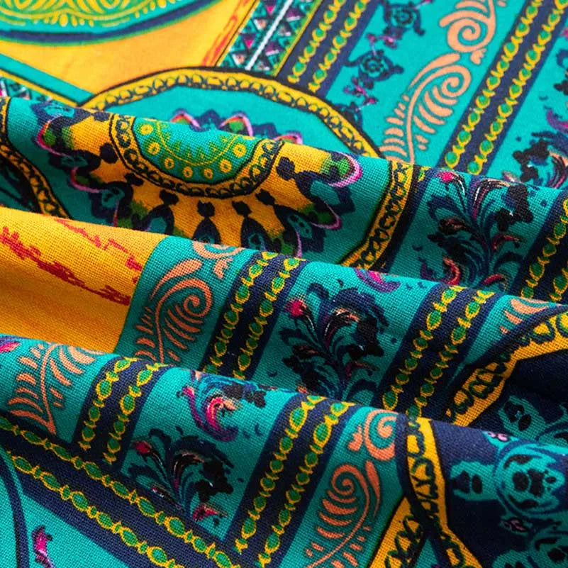 Bohemian Cotton Linen Fabric with Vintage Ethnic Print