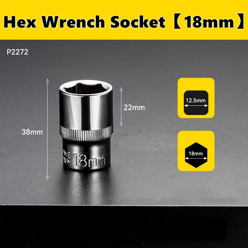 A close-up view of a 18mm hex wrench socket with a 38mm overall length and a 12.5mm hexagonal opening.