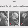Close-up photos showing a baby using a head and neck support pillow in a car seat or stroller.