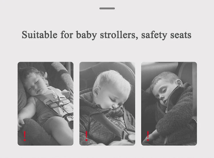 Close-up photos showing a baby using a head and neck support pillow in a car seat or stroller.