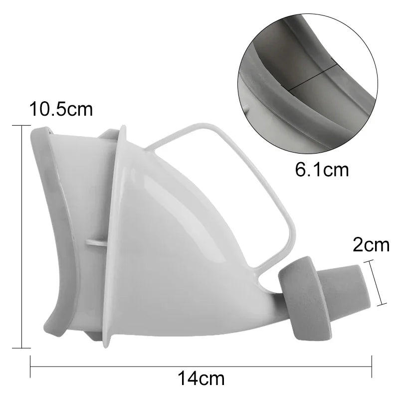 A white portable reusable urinal funnel shown with dimensions of 10.5cm height, 14cm length, and a 6.1cm diameter view.