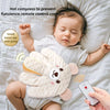 A baby is sleeping on a white sheet with a soft, palm-shaped anti-jump compress for comfort.