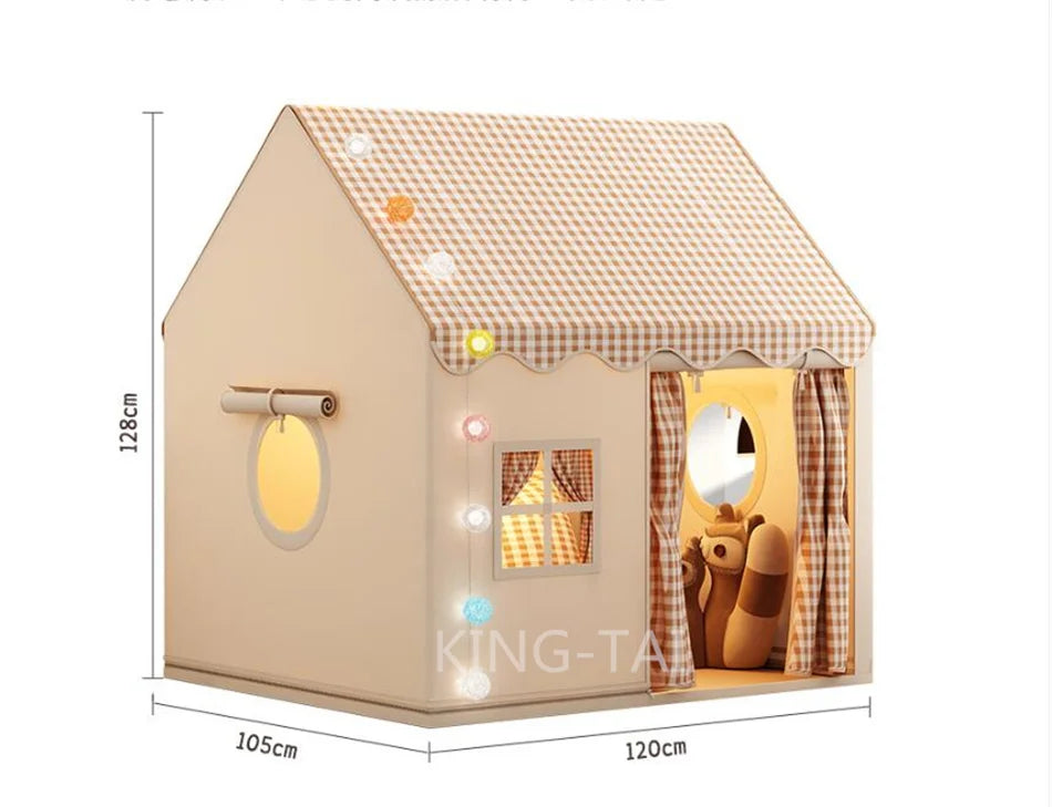 A beige princess castle play tent with a checkered roof and a window featuring a mirror.