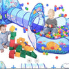 A colorful 3-in-1 foldable kids play tent featuring a tunnel and a ball pit for children.
