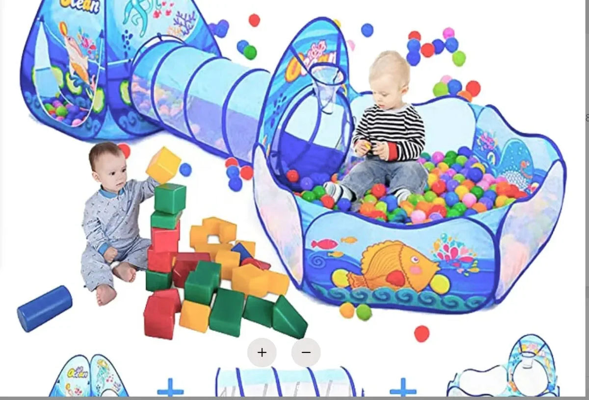 A colorful 3-in-1 foldable kids play tent featuring a tunnel and a ball pit for children.