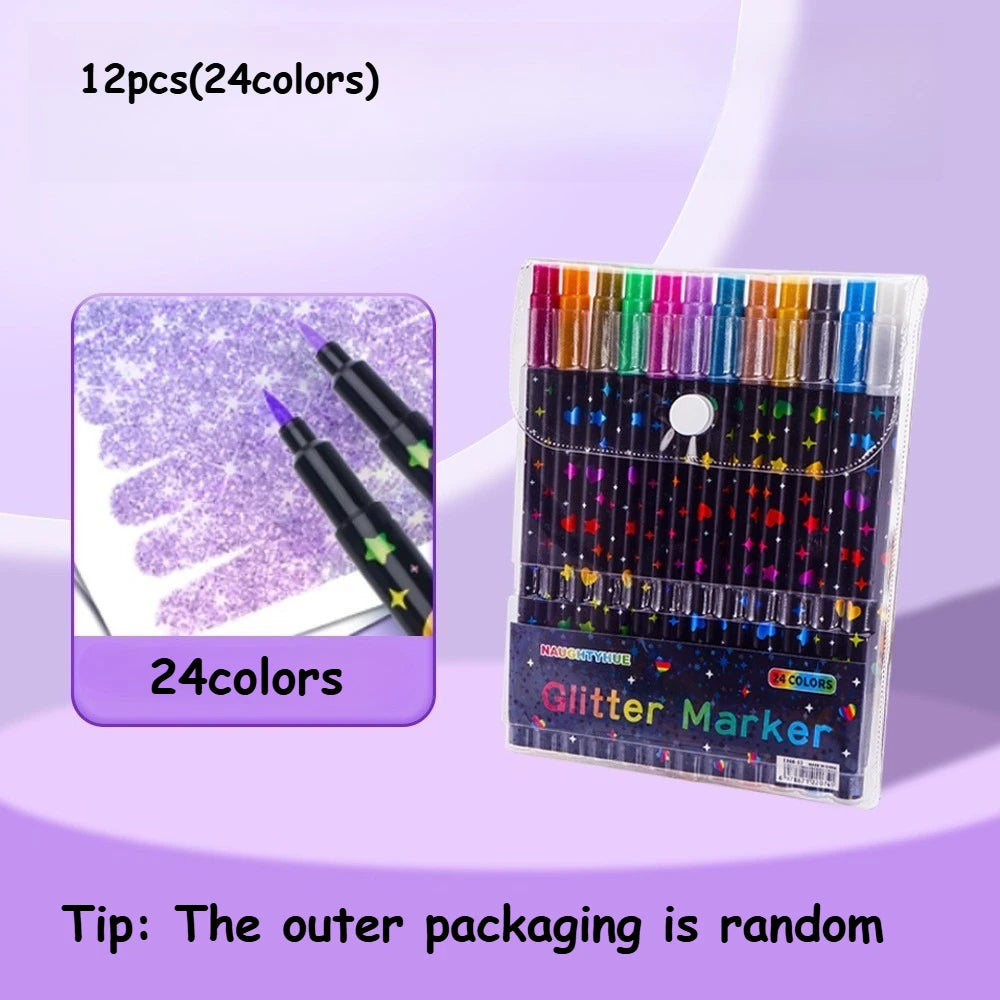 A set of 12 glitter markers in various colors is shown next to a box labeled 24 colors for crafting.