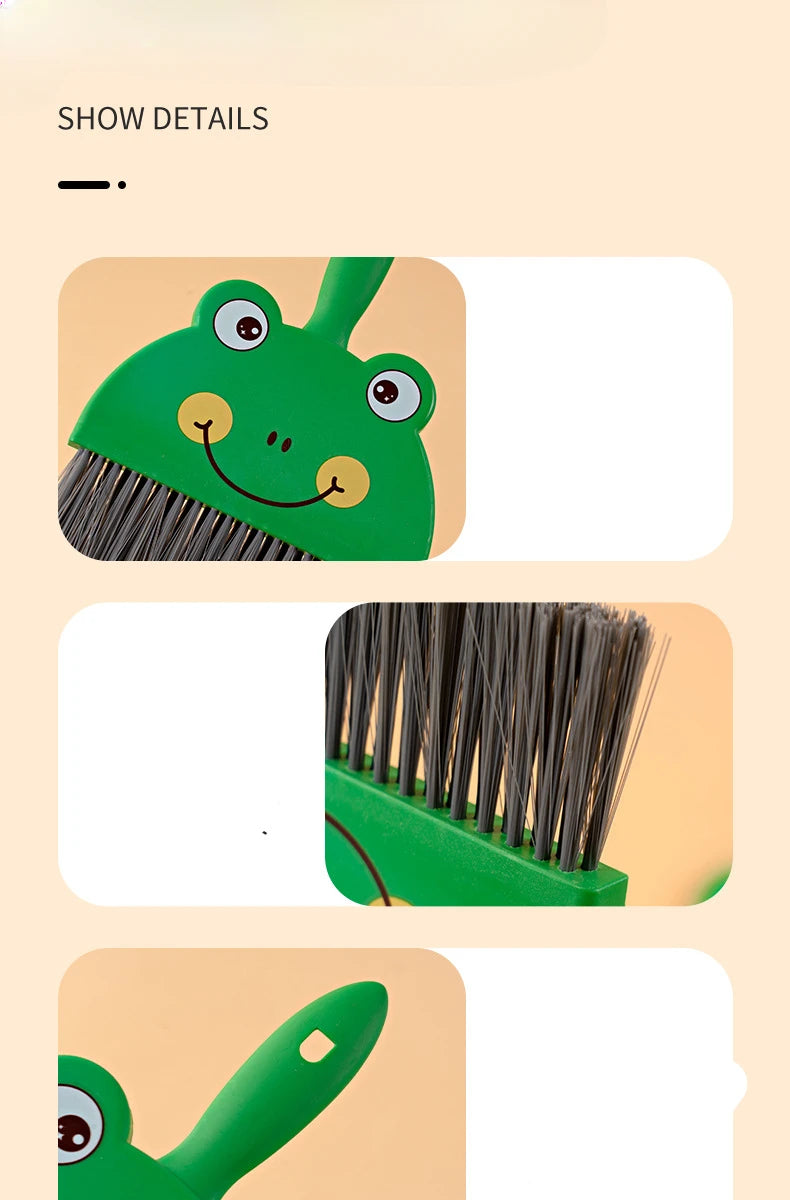 A green cartoon-shaped broom with a head resembling a frog is shown next to its bristles.