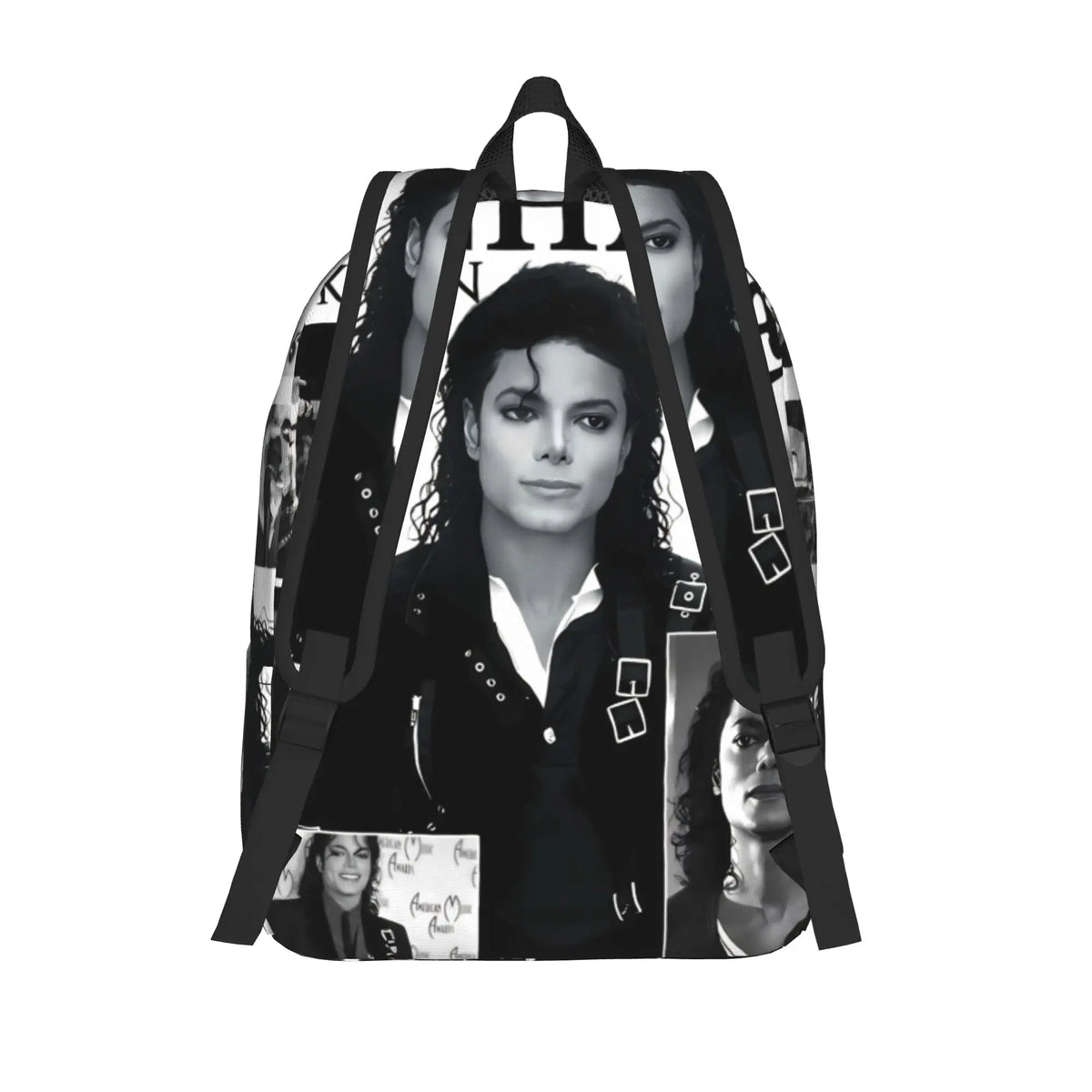 A black backpack shaped like a musical icon, featuring a portrait of a woman.