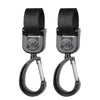 A pair of black 360° rotating stroller hooks designed for hanging bags and essentials.