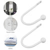 A set of two white retro iron curtain tieback hooks with U-shaped holders shown in various contexts like curtains, showers, a