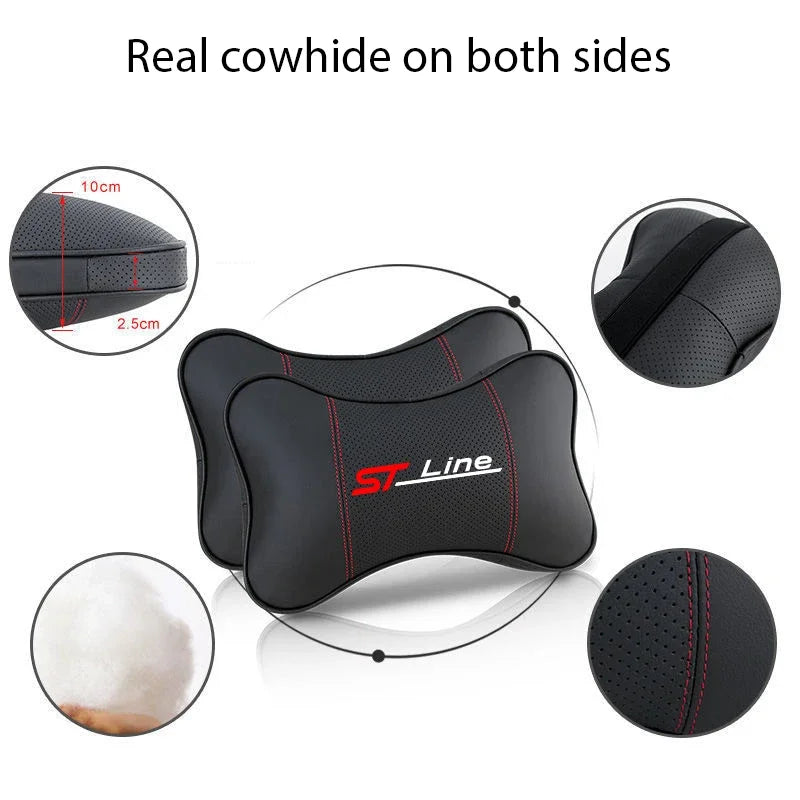 Black ergonomic car neck pillow with memory foam on both sides, showing dimensions and texture.