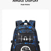 Schwarzer und blauer Graffiti-Muster-Rucksack mit weißer Kopfhörer-Grafik.