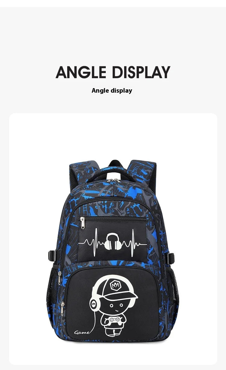Schwarzer und blauer Graffiti-Muster-Rucksack mit weißer Kopfhörer-Grafik.