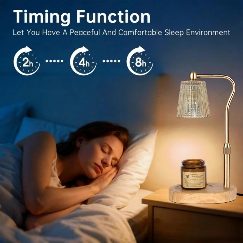 A woman is sleeping in bed next to a dimmable electric candle warmer lamp.