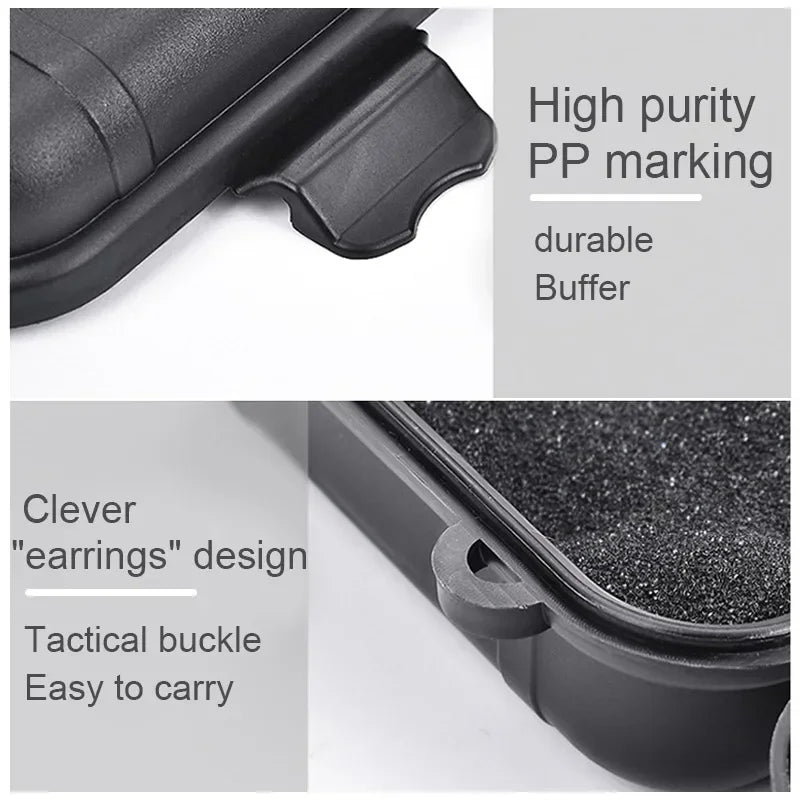 A black waterproof sealed storage box featuring PP marking and a durable buffer, designed with a clever earring-style tactica