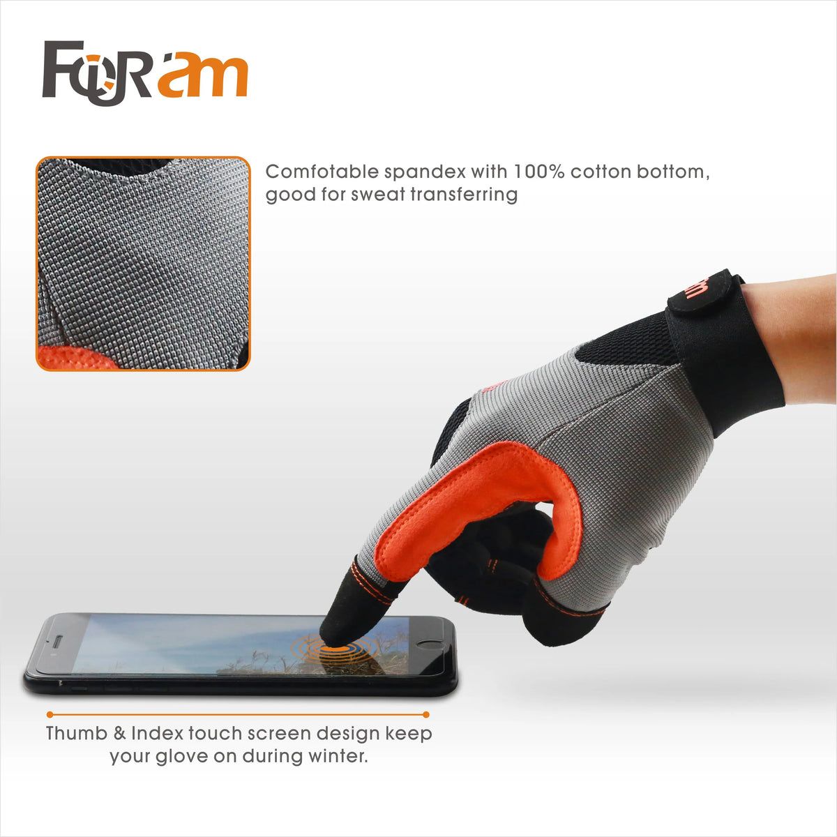 Gray work gloves with an orange accent shown being used to touch a smartphone screen.