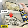 A hand applies ceramic headlight restoration spray to a car's headlight lens before and after treatment.