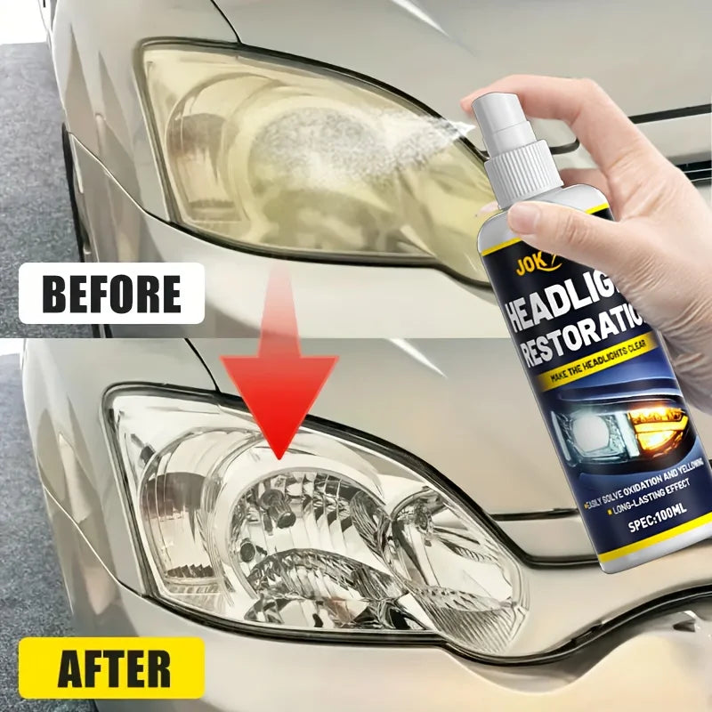 A hand applies ceramic headlight restoration spray to a car's headlight lens before and after treatment.