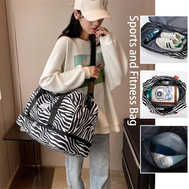 A woman holds an animal print sports and fitness bag with wet/dry compartments.