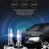 A pair of HID Xenon light bulbs are displayed next to a black car headlight, highlighting the product's bright and durable qu