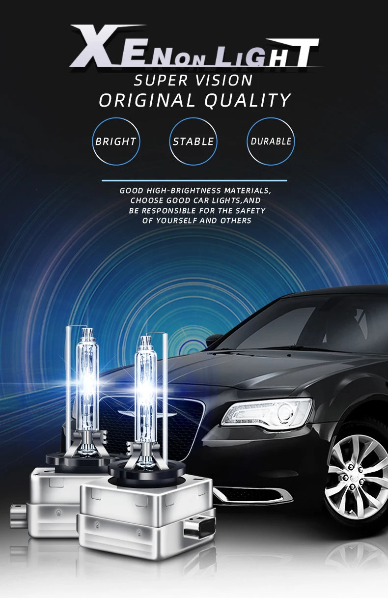 A pair of HID Xenon light bulbs are displayed next to a black car headlight, highlighting the product's bright and durable qu