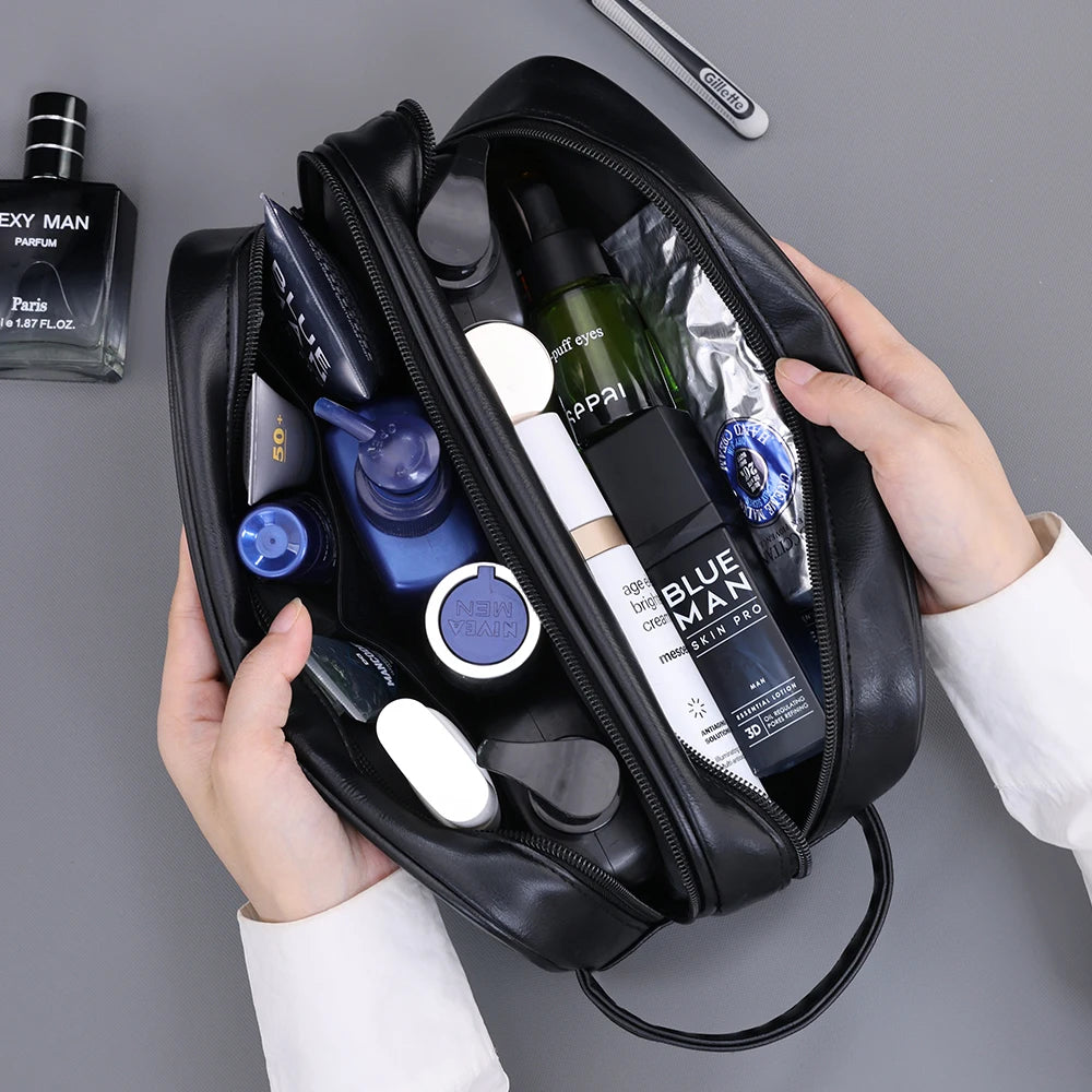 Premium PU Leather Double-Layer Toiletry Bag for Travel