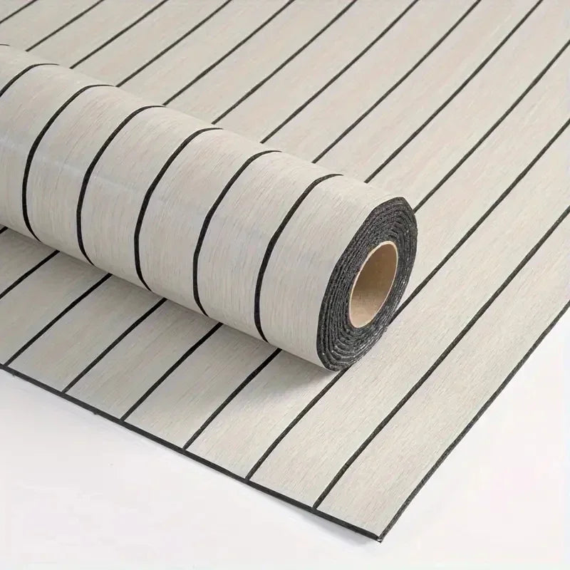 Roll of self-adhesive 3D wood grain wallpaper panel in light beige and black stripes
