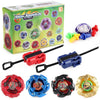 Metal Gyro spinning top battle set with launchers showing various colored tops and launch mechanisms