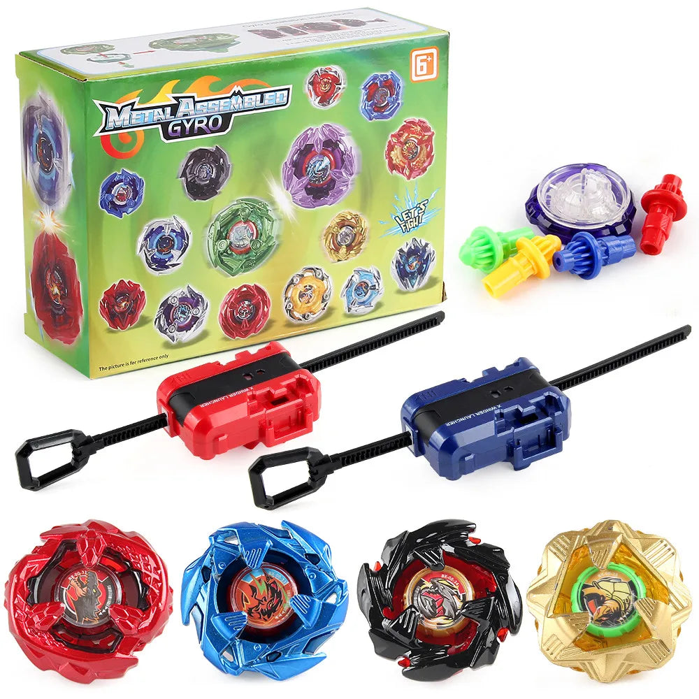 Metal Gyro spinning top battle set with launchers showing various colored tops and launch mechanisms