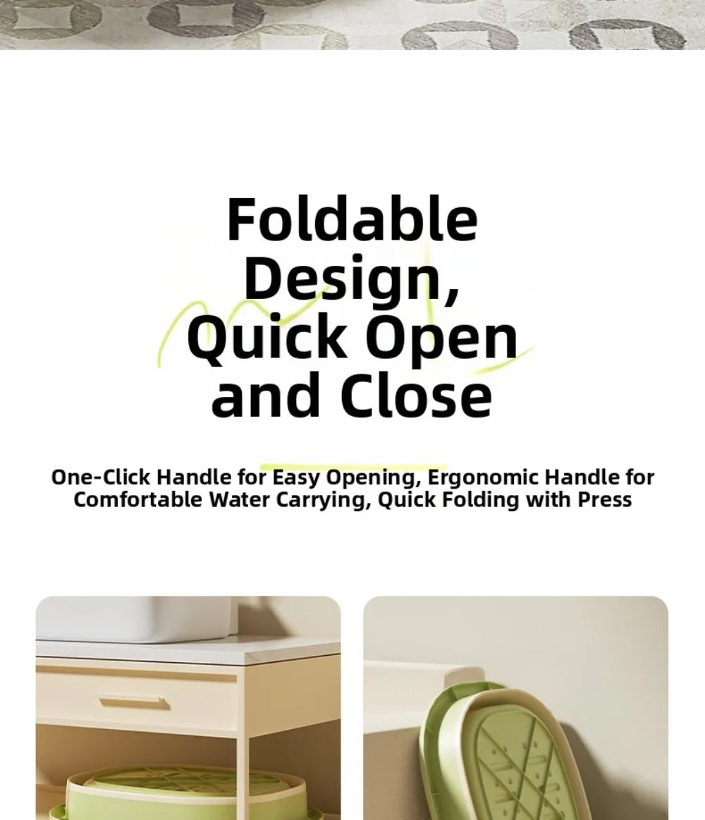 A foldable foot bath tub with a lid is shown next to a drawer and a green version of the product.