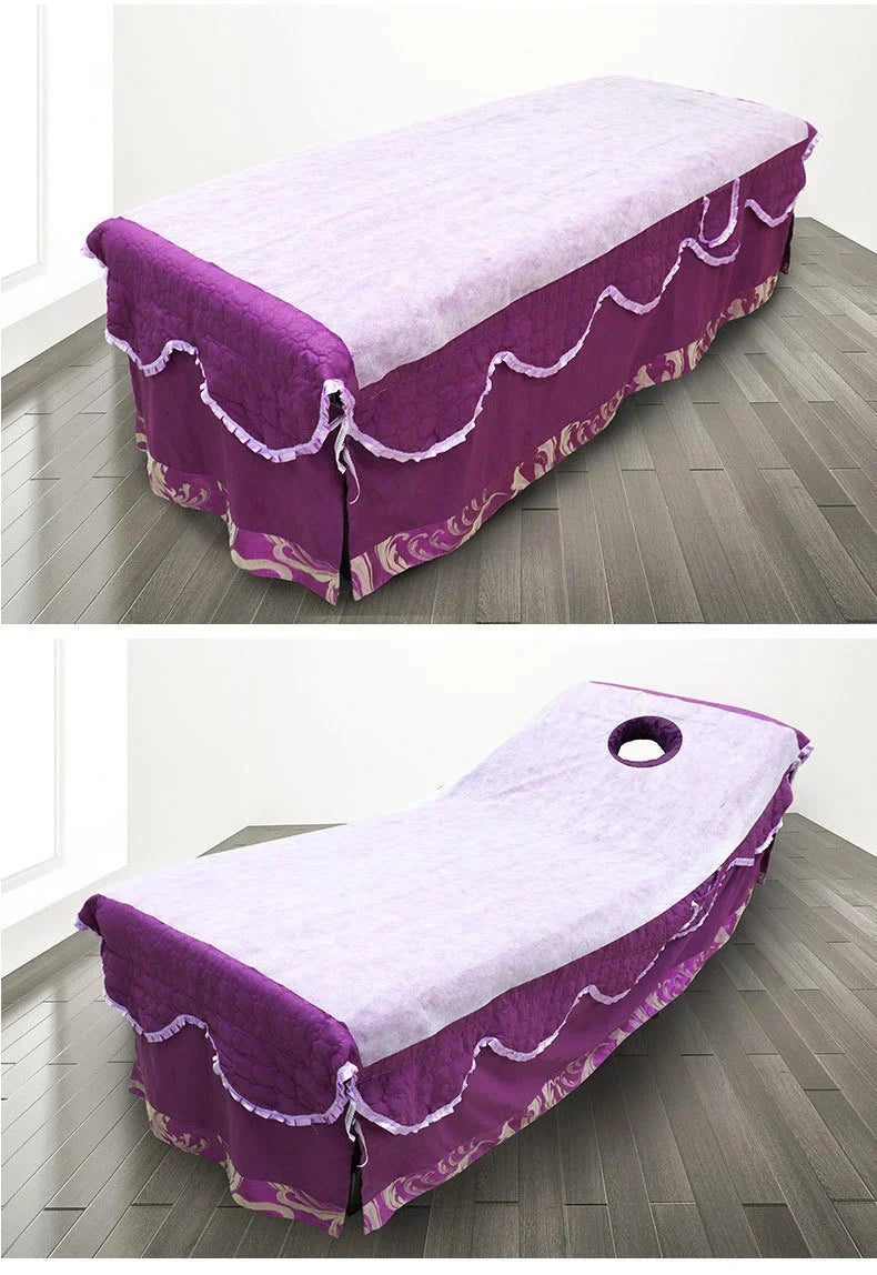 Purple disposable bed sheet with white scalloped trim displayed on a floor.