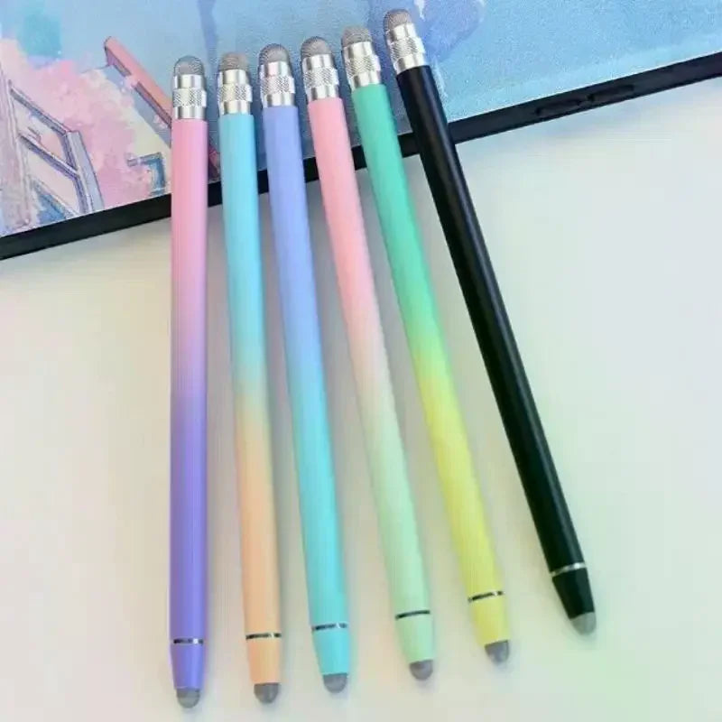 A collection of colorful dual-nib capacitive stylus pens arranged in a row on a white surface.