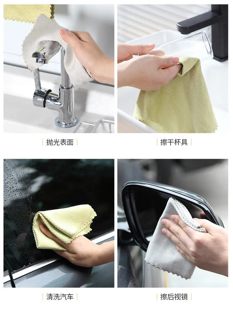 Demonstration of using lint-free microfiber cleaning cloths for faucet and glass cleaning.