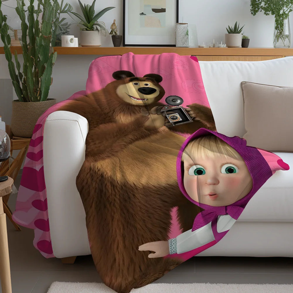 A cartoon illustration of a bear hugging a child wearing a purple fleece blanket.