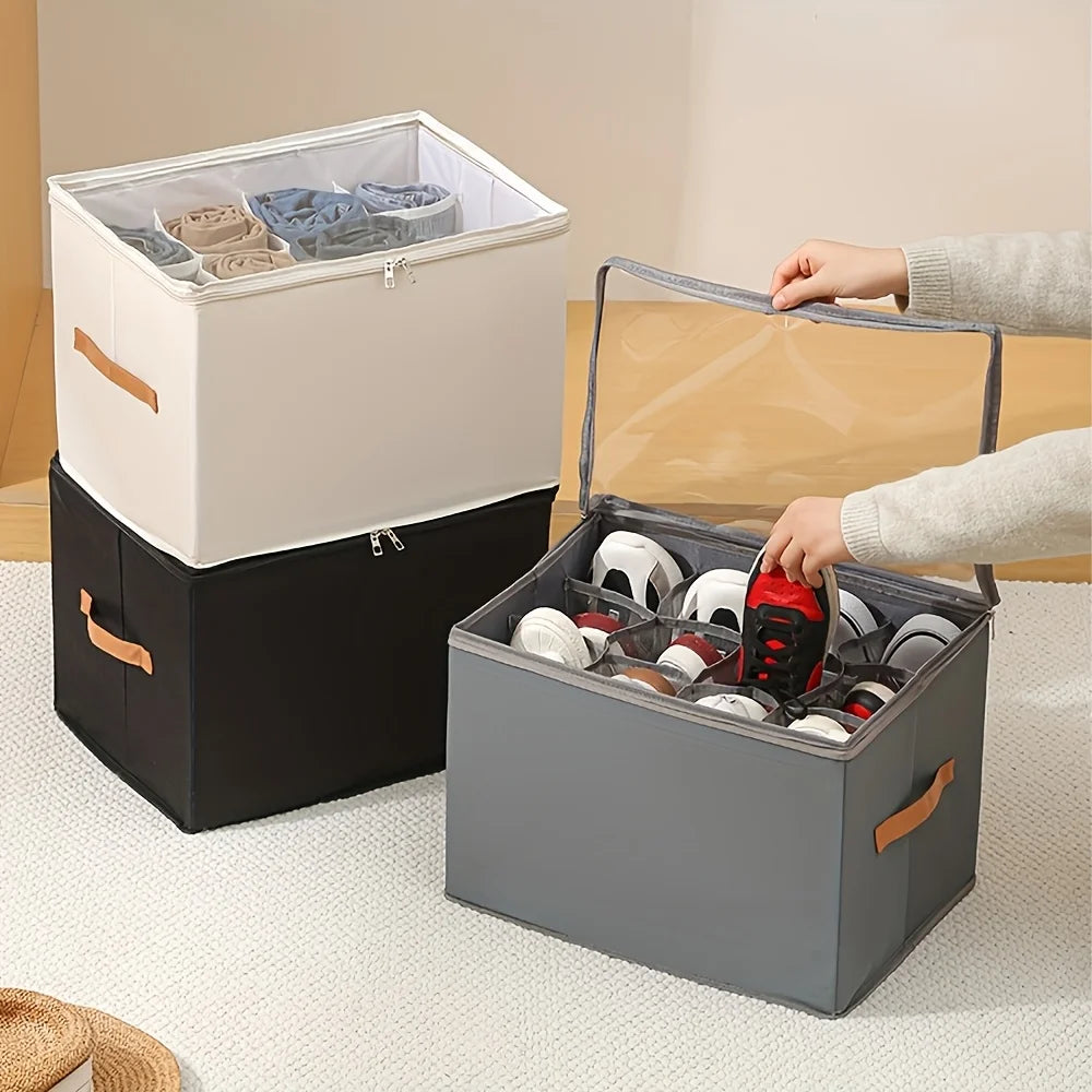 A gray foldable shoe organizer with a dustproof lid is shown next to a white organizer containing shoes.