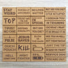 A collection of brown tactical patches with various text and symbols like STAY WEIRD TOP TRUST ME I FIX STUPID etc.