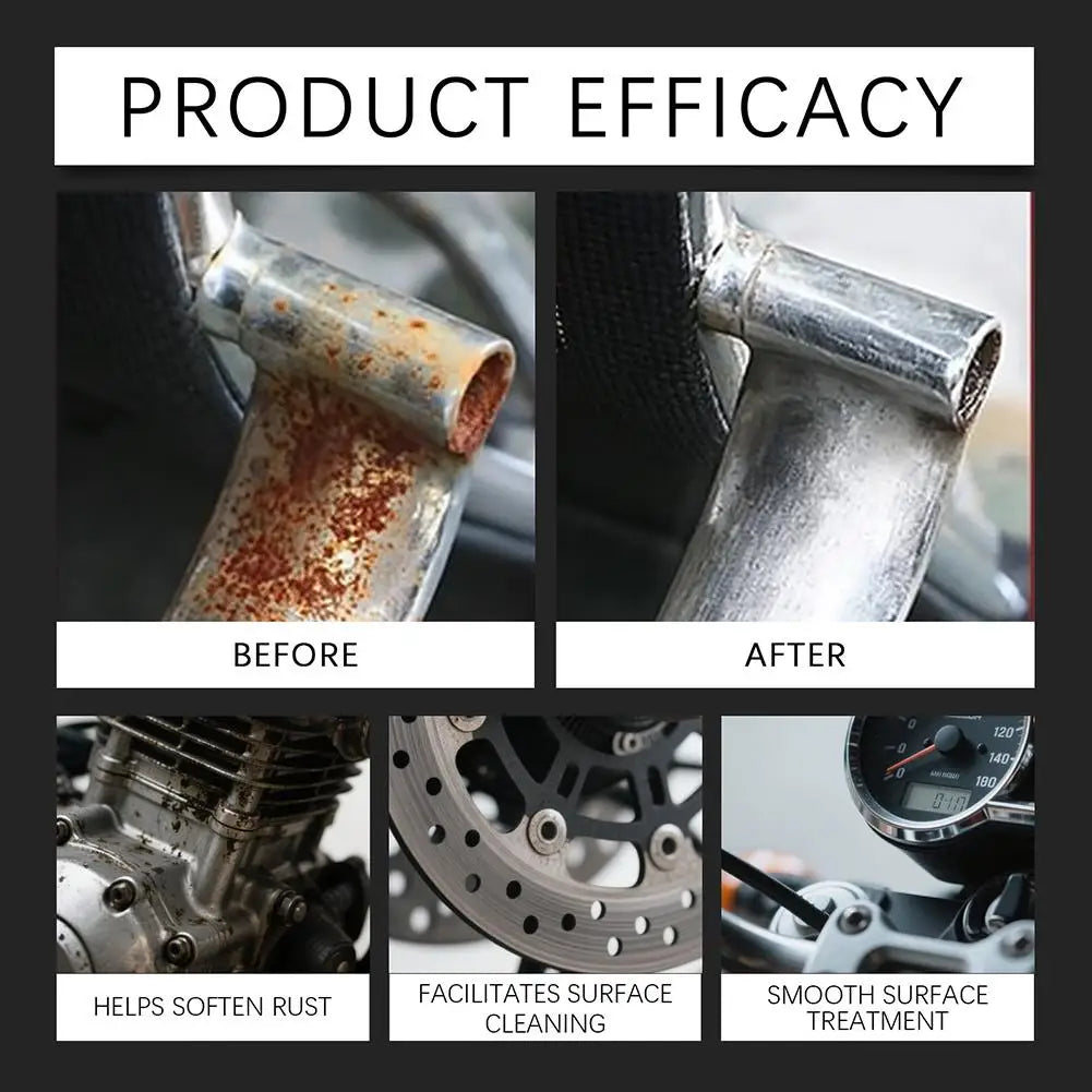 Before and after images showing the effect of a rust remover on metal surfaces.