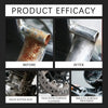 Before and after images showing the effect of a rust remover on metal surfaces.