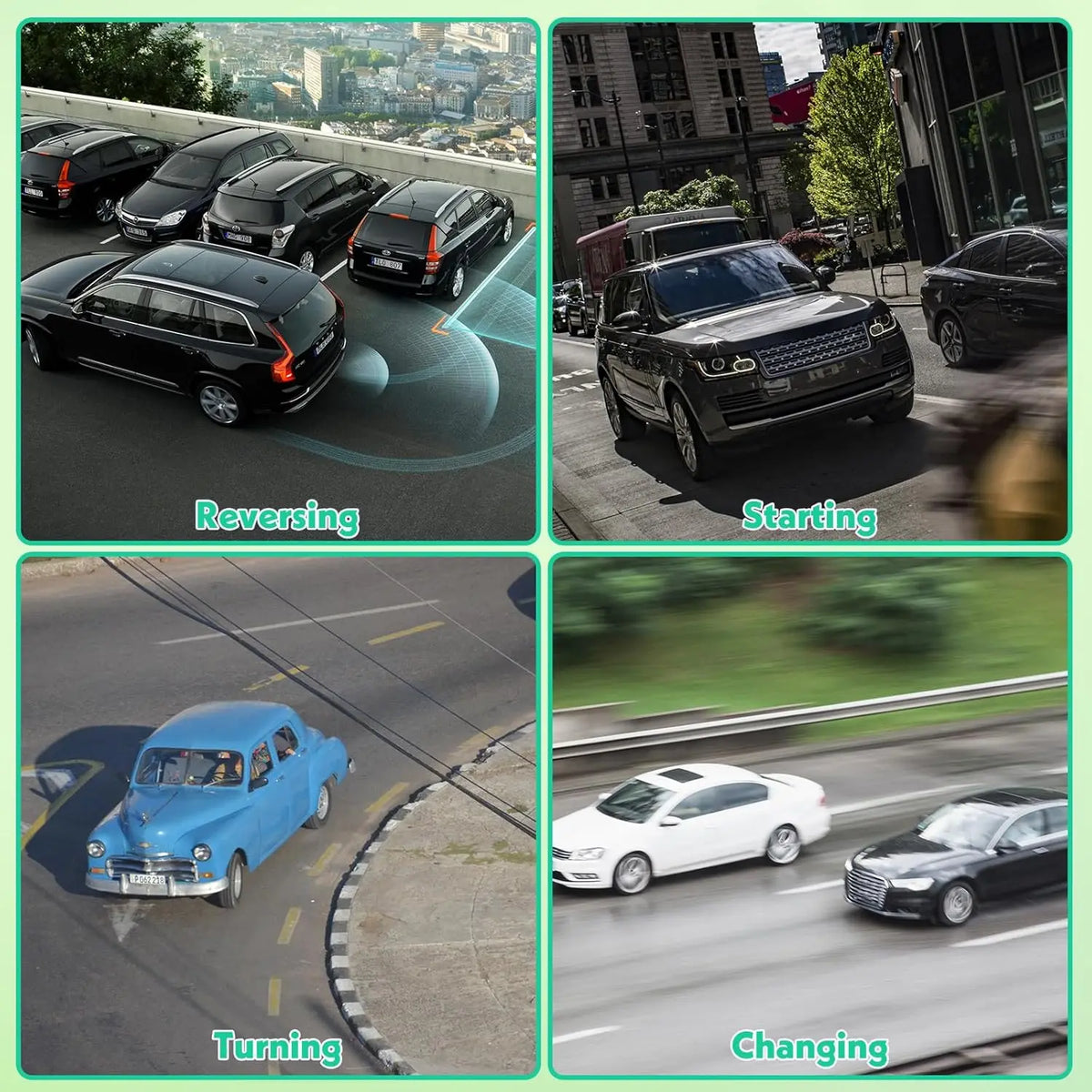 A collage showing various driving maneuvers like reversing, starting, turning, and changing gears with a car.