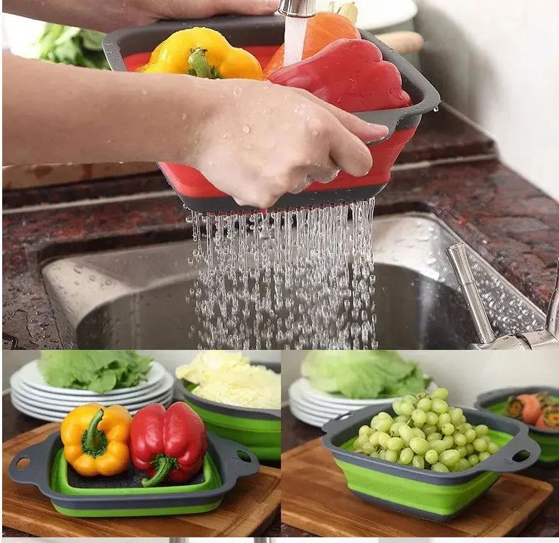 Deux paniers de drainage en silicone pliables remplis de légumes colorés étant lavés dans l'évier de cuisine.