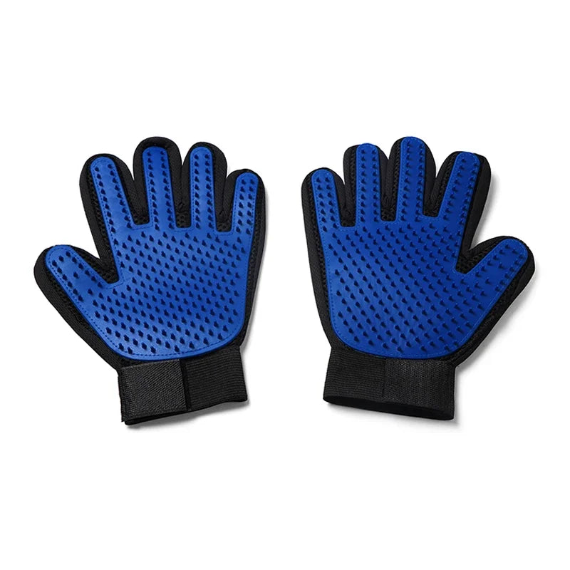A pair of blue silicone pet grooming gloves for cats and dogs.