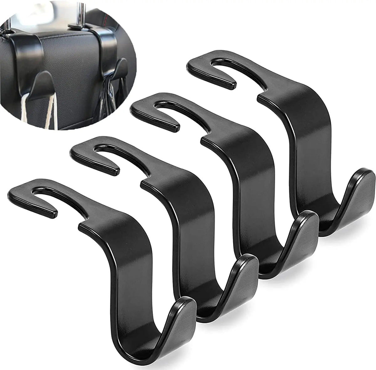 A set of four black car seat headrest hooks for organizing bags and belongings.