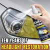 A hand sprays headlight restoration liquid onto a car headlight assembly.