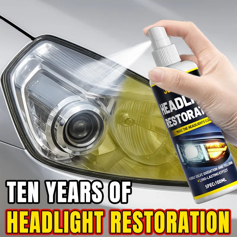 A hand sprays headlight restoration liquid onto a car headlight assembly.