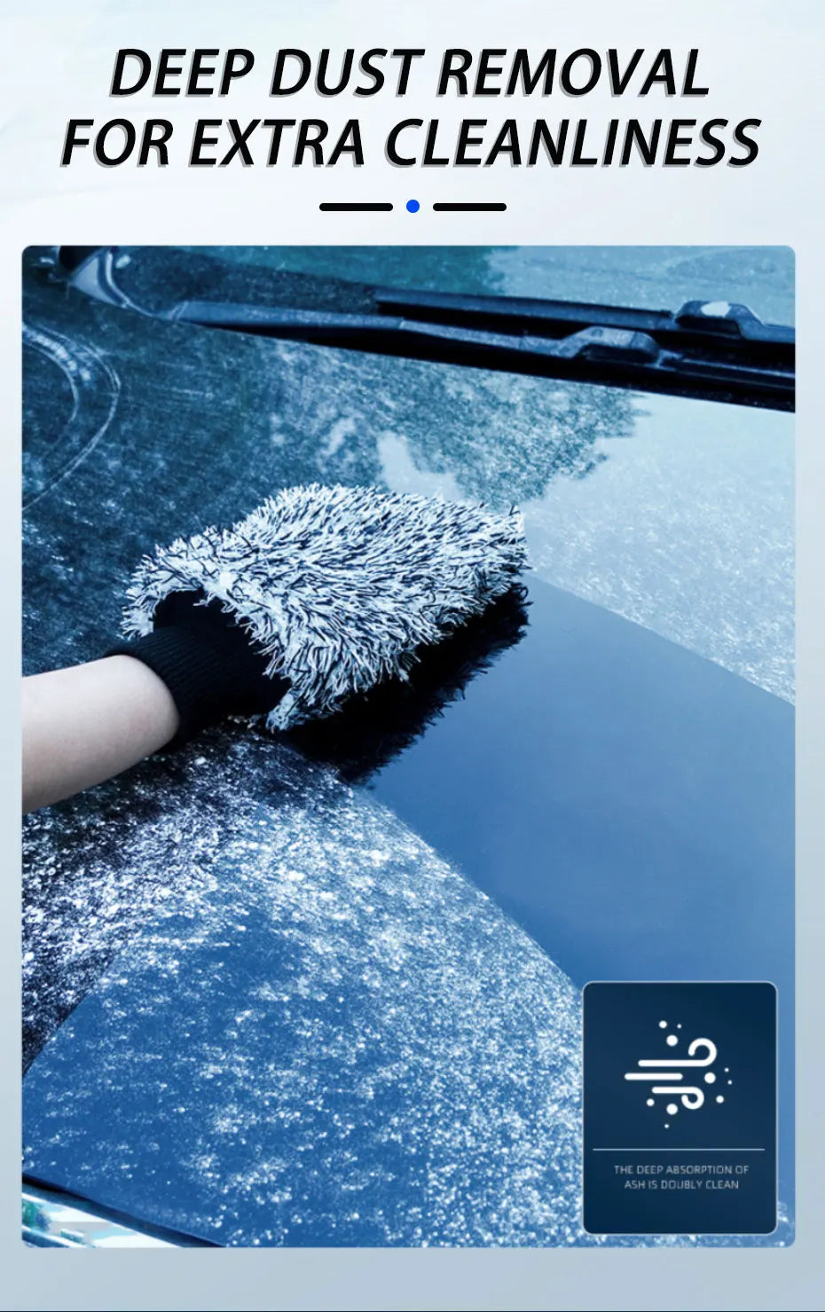 A hand wearing a black glove is using an ultra-soft microfiber wheel cleaning brush on a car surface for deep dust removal.