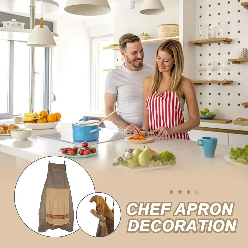 A woman wearing a red and white striped chef apron is cooking in a bright kitchen setting.